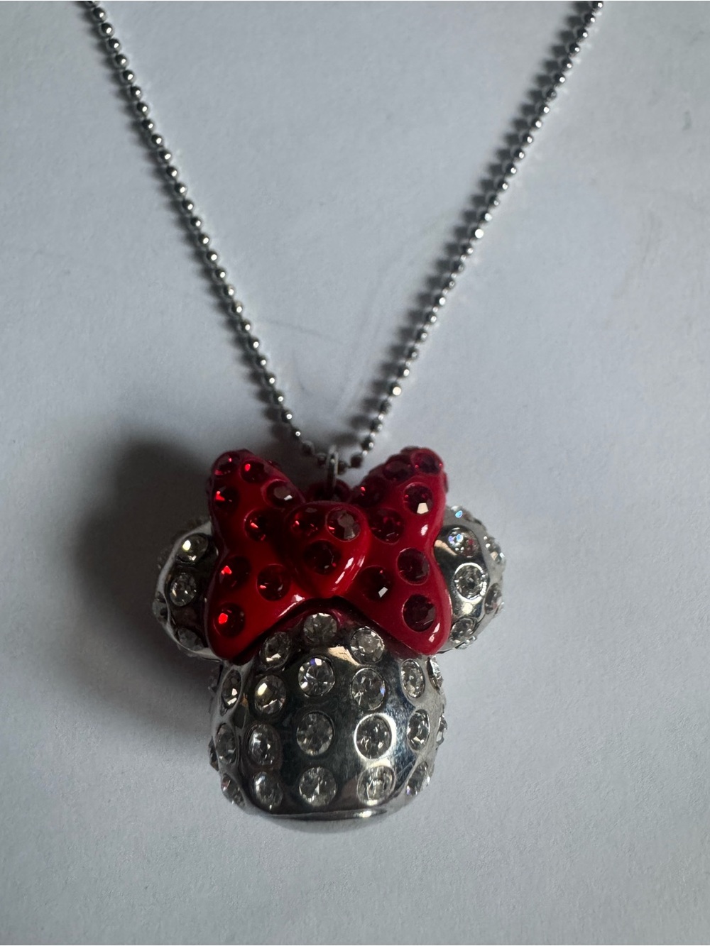 Oddicial Disney Minnie Mouse Pave Crystal Pendant Necklace Red Bow Ball Chain